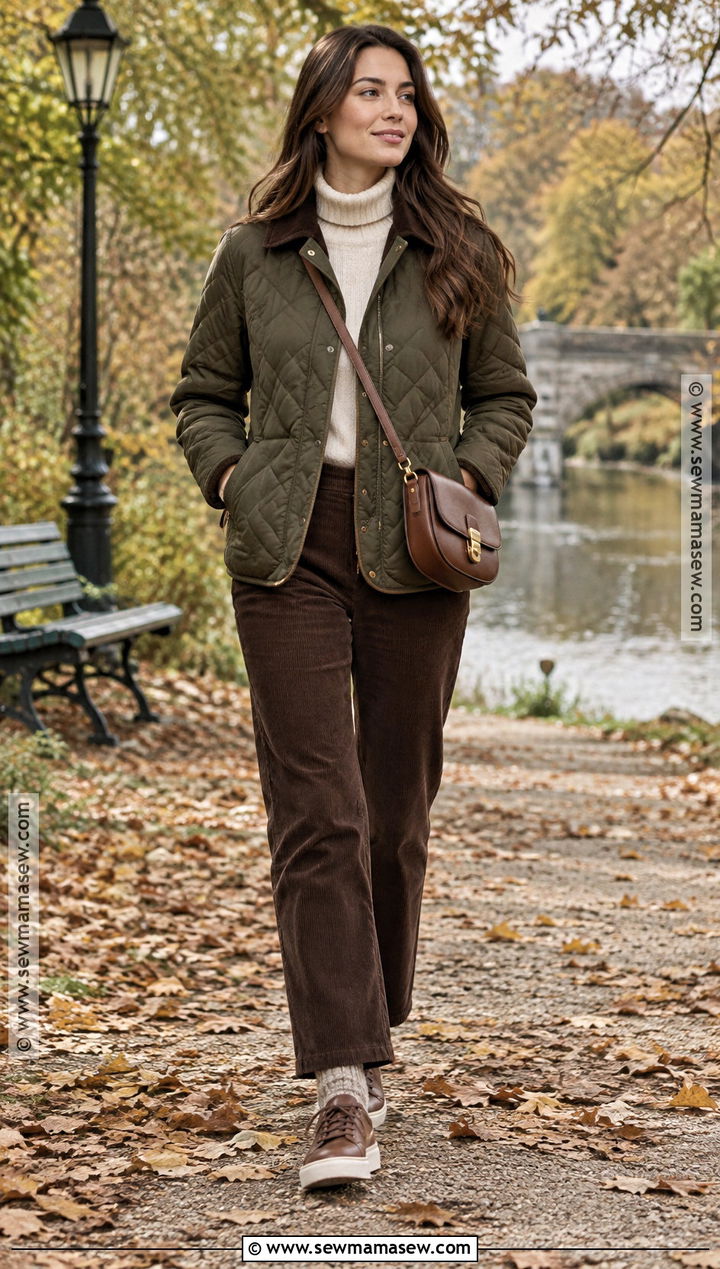 Autumn Walk Outfit With Quilted Jacket And Corduroy Pants - 25 autumn walk outfit ideas