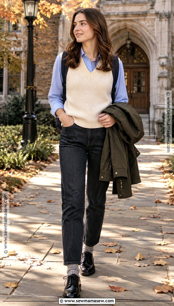 Autumn Walk Outfit With Sweater Vest And Shirt - 25 autumn walk outfit ideas