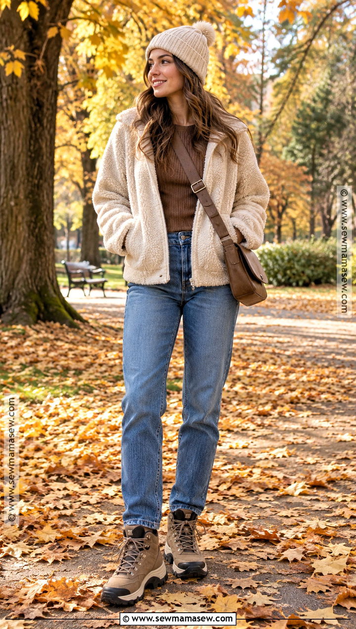 Autumn Walk Outfit With Teddy Jacket And Jeans - 25 autumn walk outfit ideas