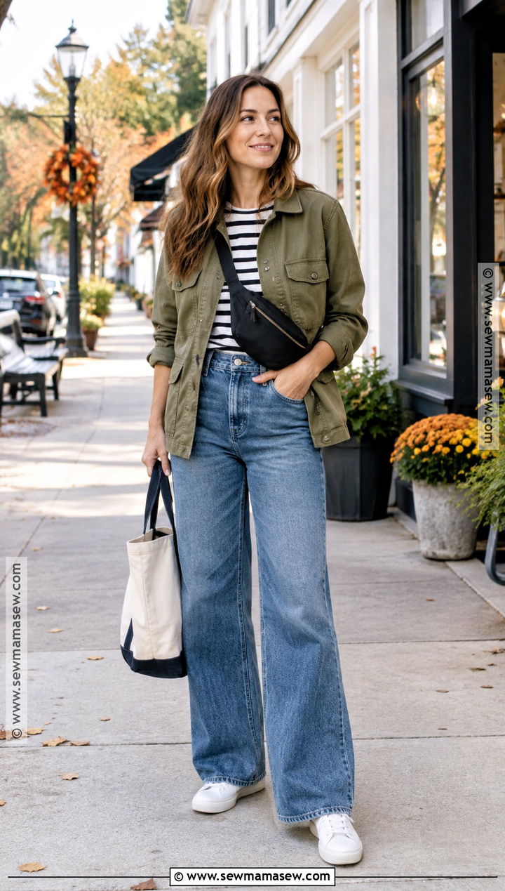 Autumn Weekend Outfit With Utility Jacket And Wide Leg Jeans - 20 autumn travel outfit ideas
