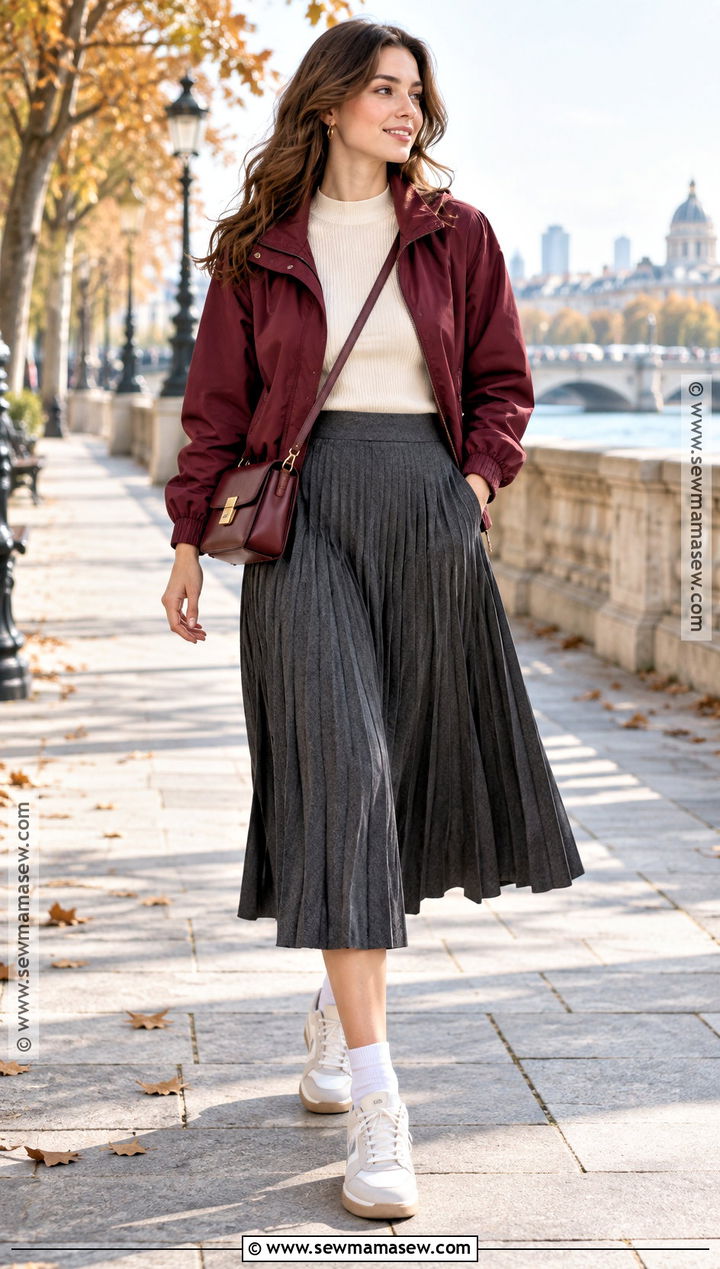 Autumn Windbreaker And Midi Skirt Outfit - 25 autumn clothes