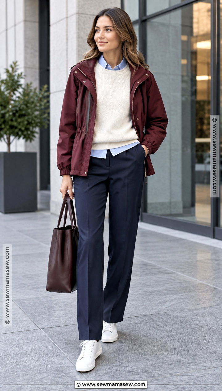 Autumn Windbreaker Sweater And Tailored Pants Outfit - 20 autumn layering ideas
