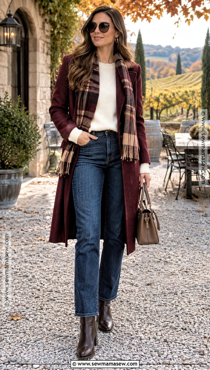Autumn Winery Outfit With A Burgundy Coat - 20 winery outfit autumn ideas