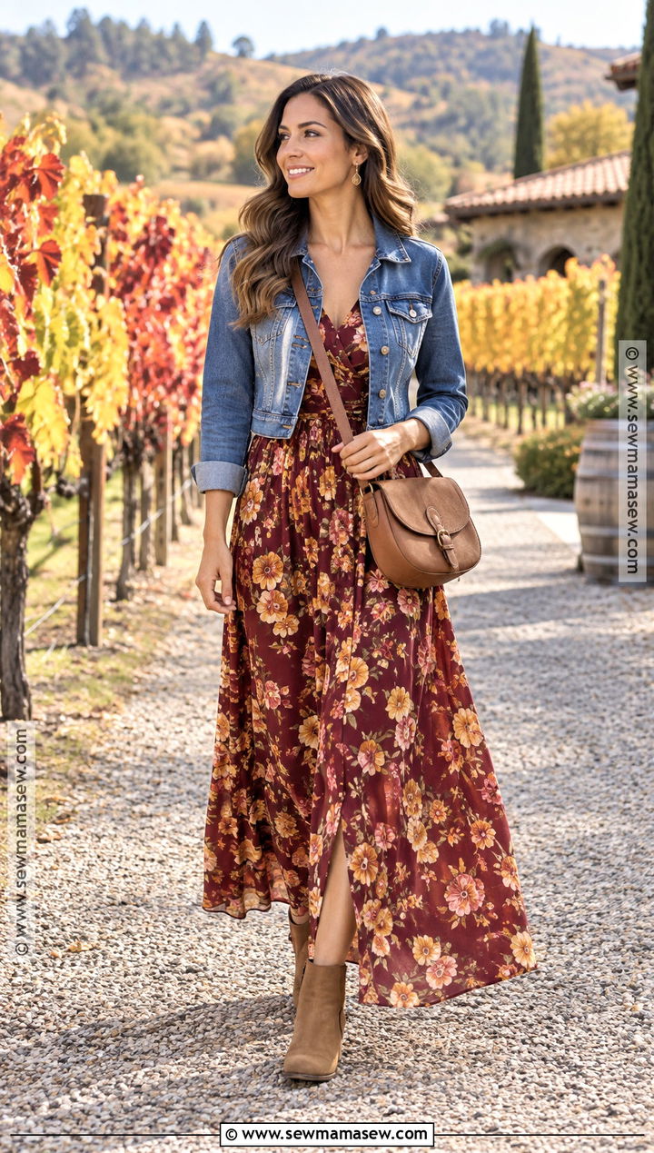 Autumn Winery Outfit With A Floral Maxi Dress - 20 winery outfit autumn ideas