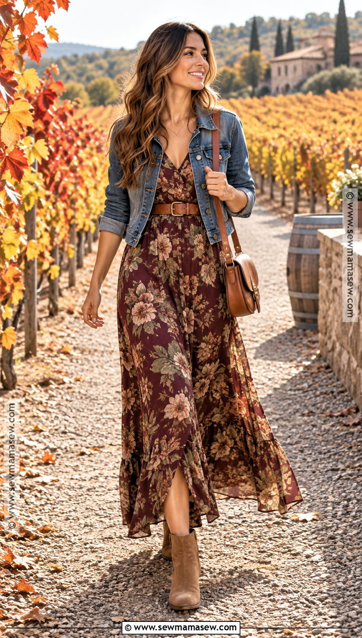 Autumn Winery Outfit With a Floral Maxi Dress - 20 autumn winery outfit ideas