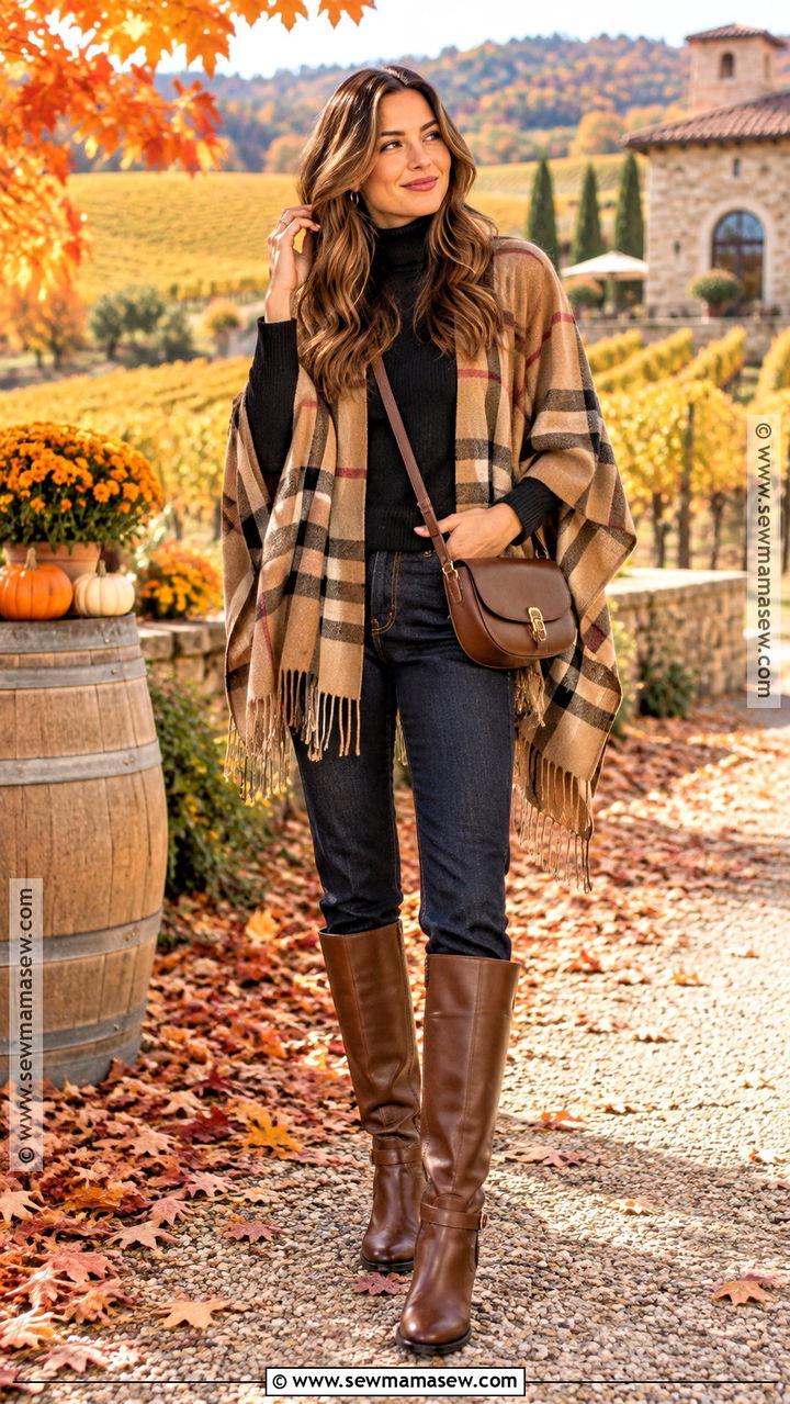 Autumn Winery Outfit With a Poncho and Jeans - 20 autumn winery outfit ideas