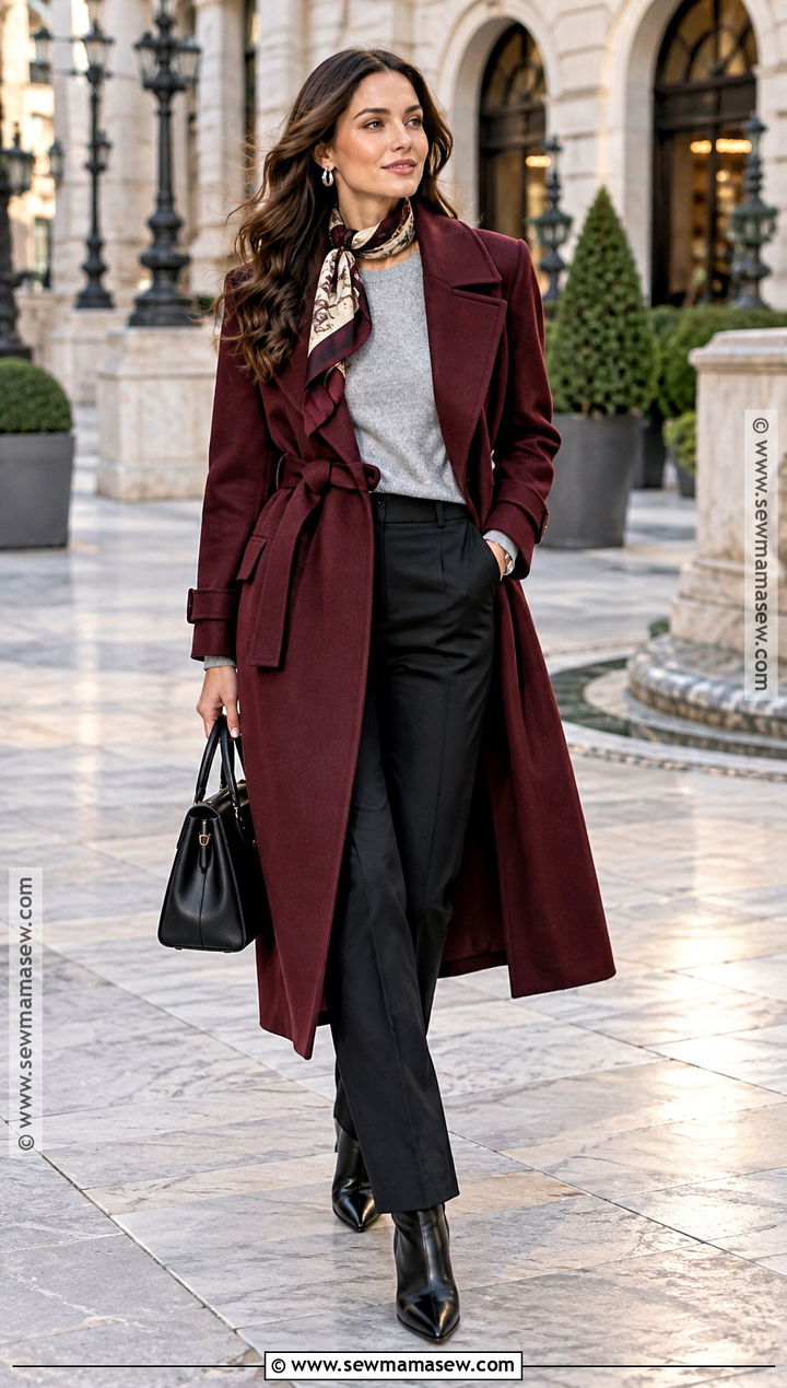 Autumn Winter Burgundy Trench Coat And Black Trousers Outfit - 25 autumn winter outfits