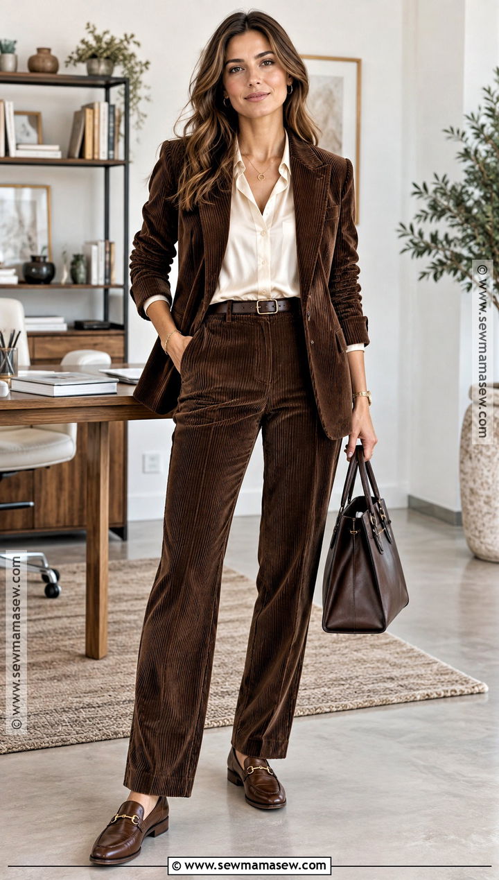 Autumn Winter Corduroy Suit And Silk Blouse Outfit - 25 autumn winter outfits