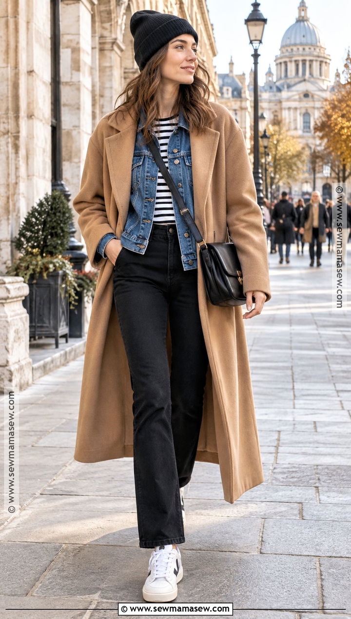 Autumn Winter Layered Denim Jacket And Wool Coat Outfit - 25 autumn winter outfits