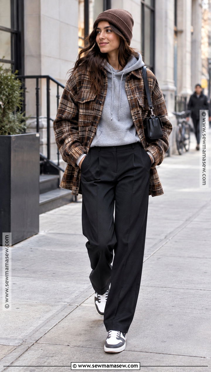 Autumn Winter Plaid Overshirt And Tailored Trousers Outfit - 25 autumn winter outfits