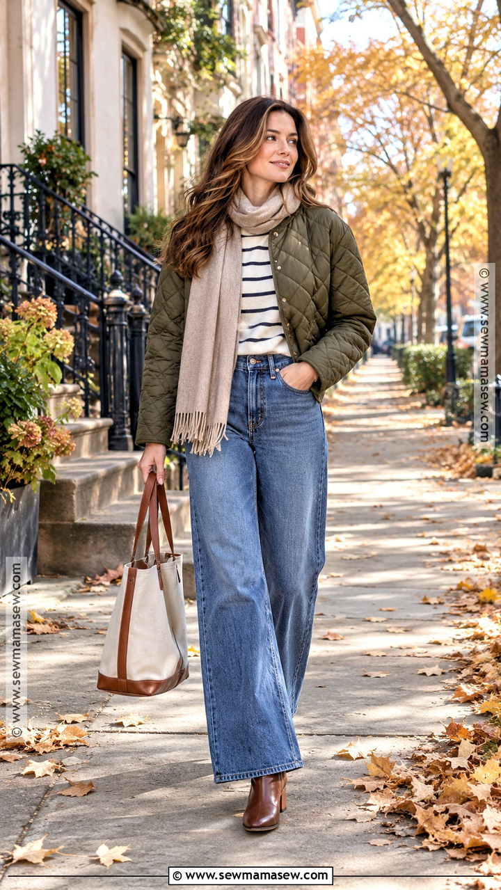 Autumn Winter Quilted Jacket and Wide Leg Jeans Outfit - 20 Autumn Winter Outfits for Women