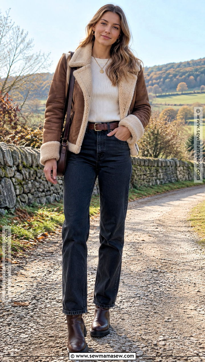 Autumn Winter Shearling Jacket And Straight Jeans Outfit - 25 autumn winter outfits