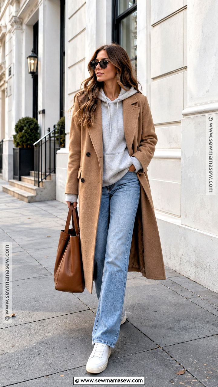 Autumn Wool Coat Hoodie And Jeans Outfit - 20 autumn weekend outfit ideas