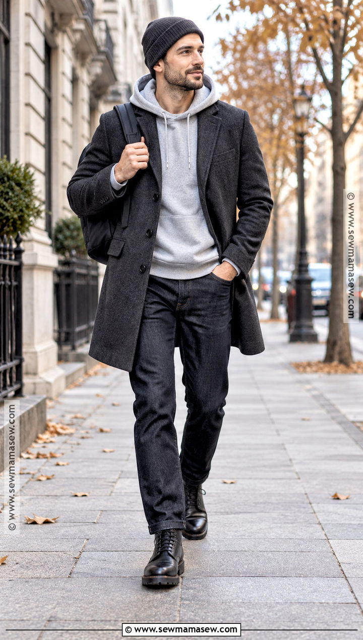 Autumn Wool Coat With Hoodie And Dark Jeans Outfit - 15 Men Outfit Autumn Casual Ideas