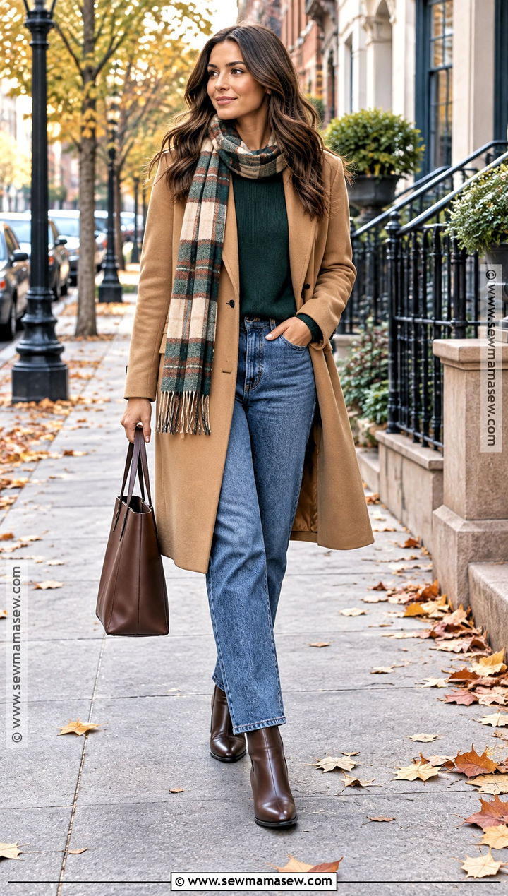 Autumn Wool Coat With Sweater And Straight Leg Jeans - 15 autumn style essentials