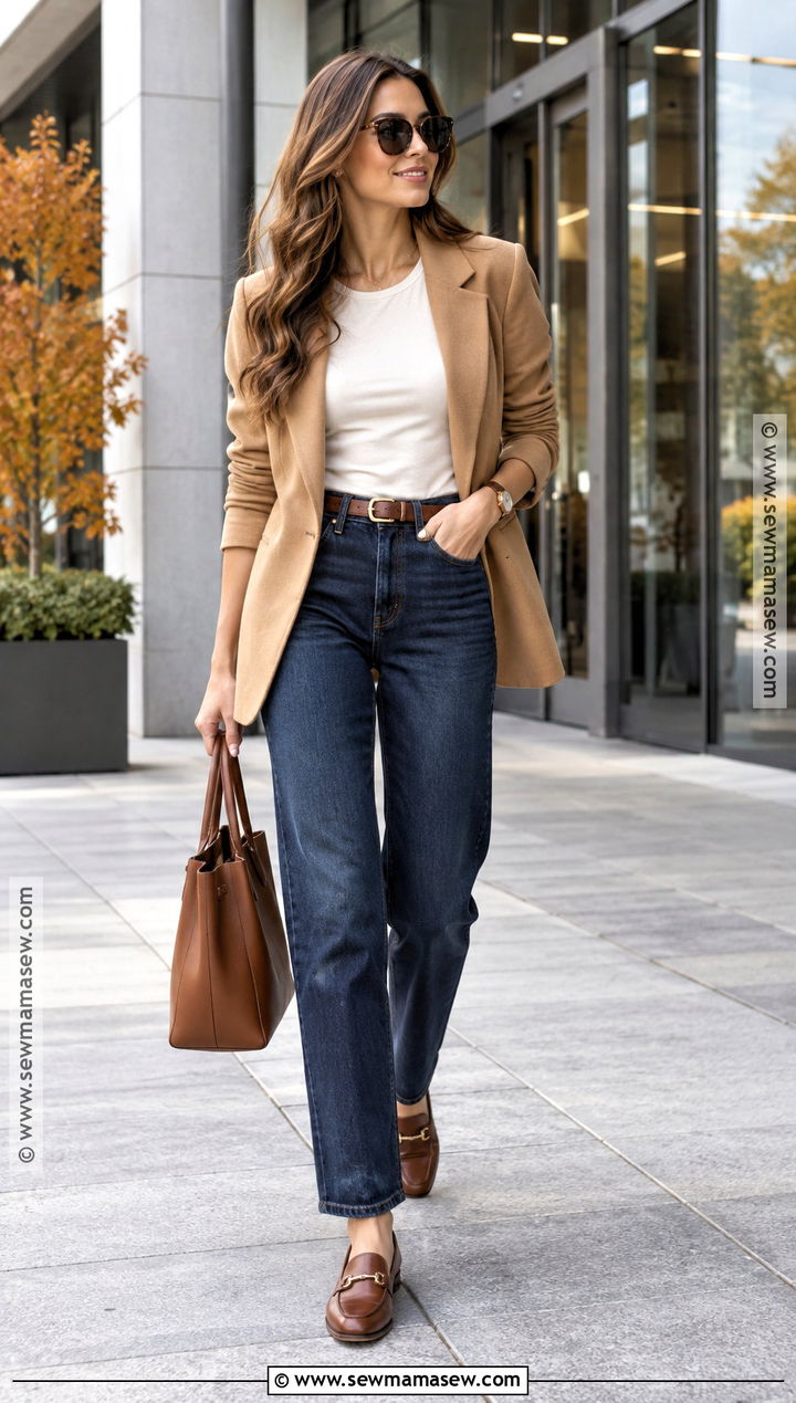 Autumn Work Outfit With Blazer and Straight Leg Jeans - 20 casual work outfits autumn
