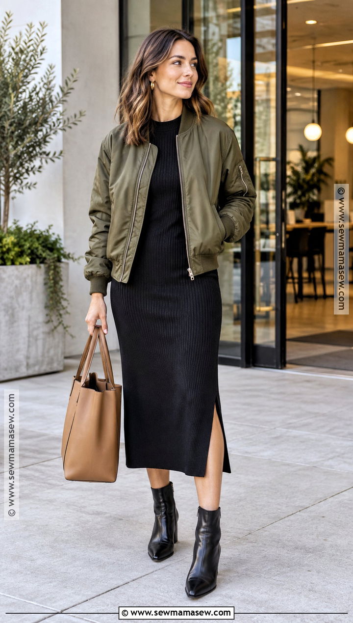 Autumn Work Outfit With Bomber Jacket and Knit Dress - 20 casual work outfits autumn