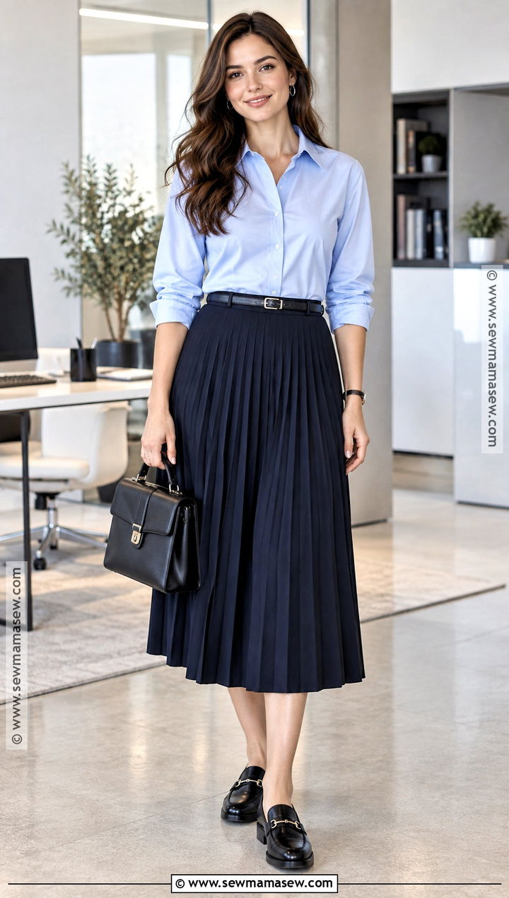 Autumn Work Outfit With Button Down Shirt and Pleated Midi Skirt - 20 casual work outfits autumn