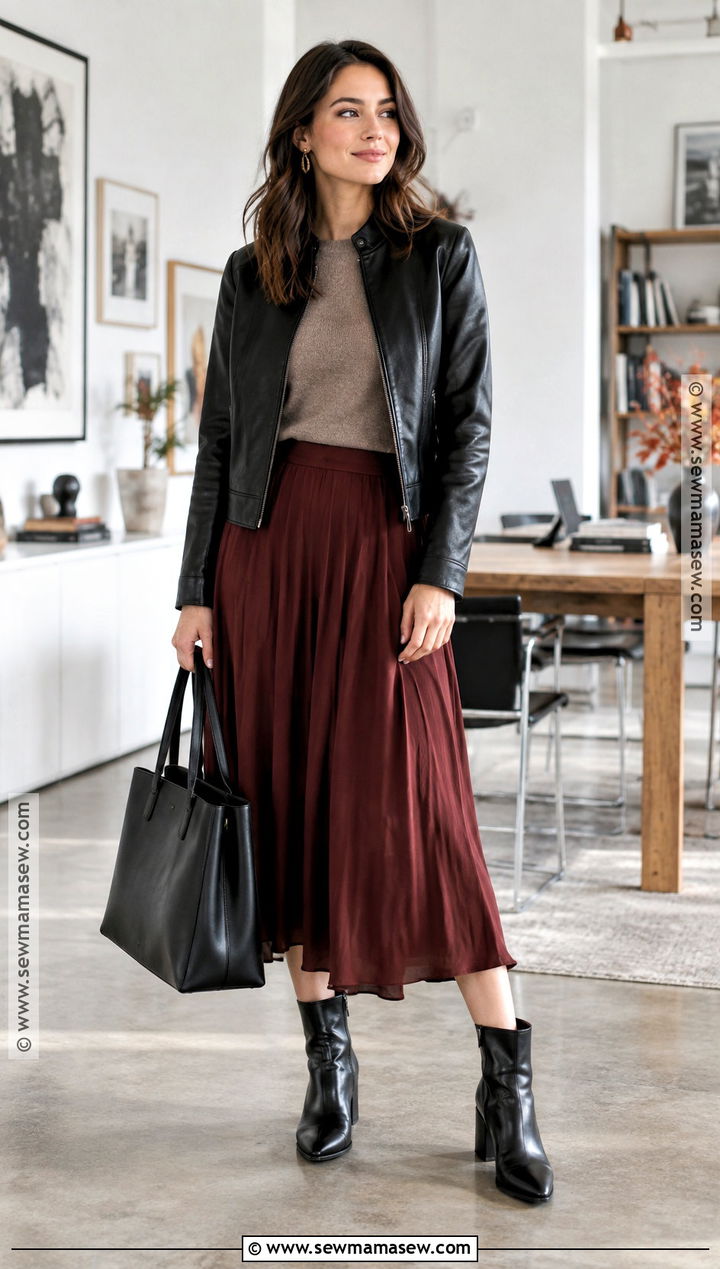 Autumn Work Outfit With Leather Jacket and Midi Skirt - 20 casual work outfits autumn