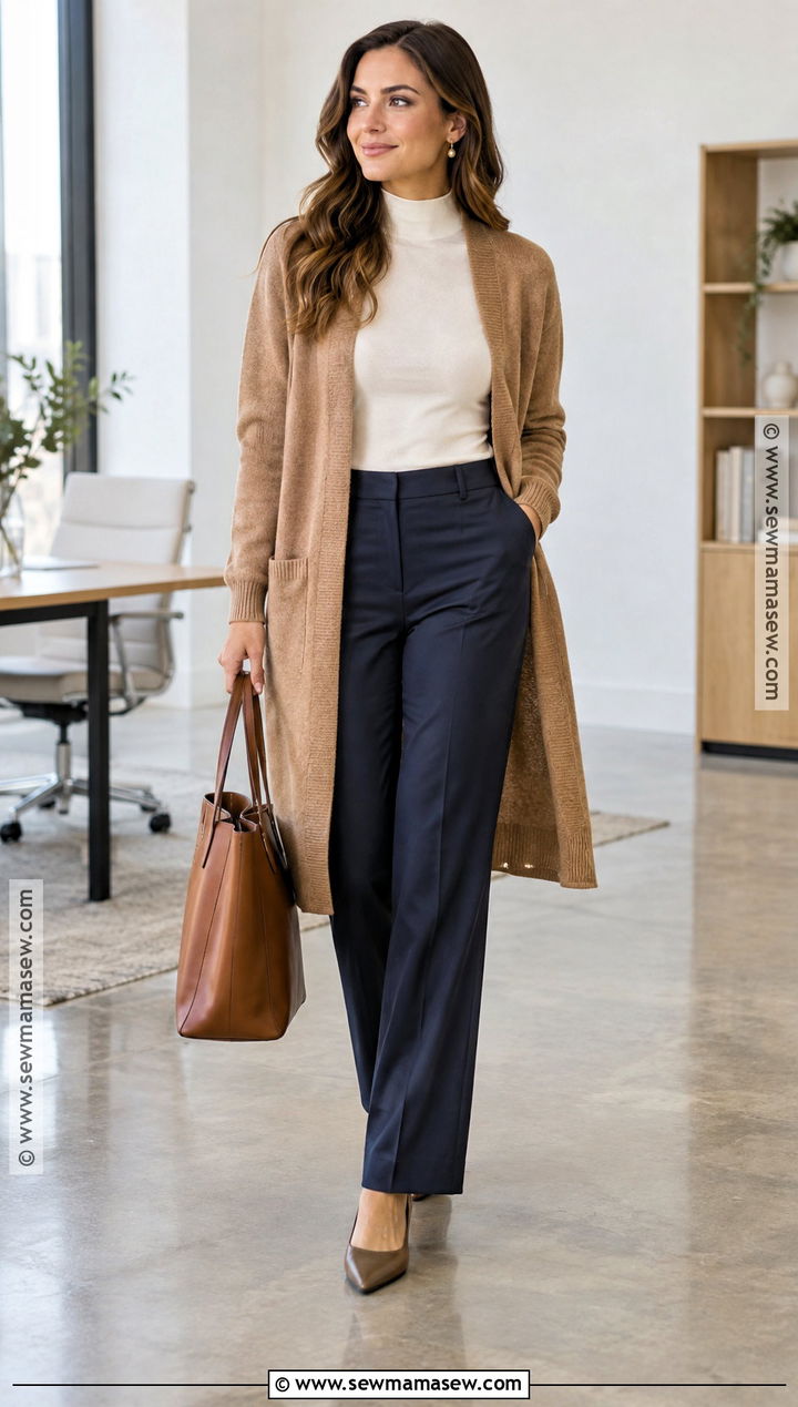 Autumn Work Outfit With Long Cardigan and Tailored Pants - 20 casual work outfits autumn