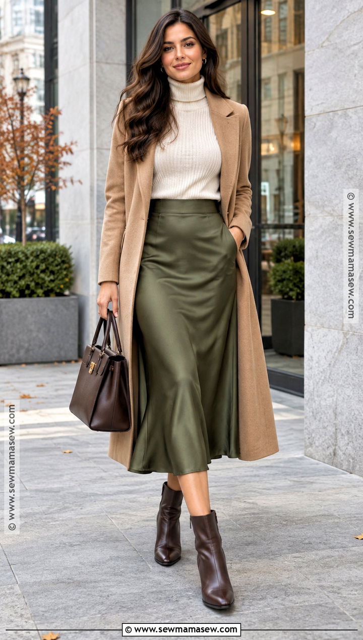 Autumn Work Outfit With Turtleneck and Satin Midi Skirt - 20 casual work outfits autumn