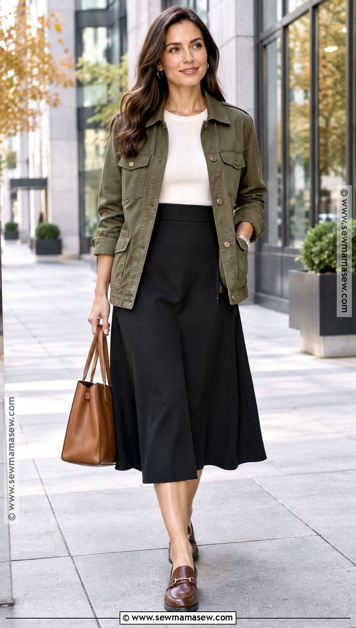Autumn Work Outfit With Utility Jacket and Midi Skirt - 20 casual work outfits autumn
