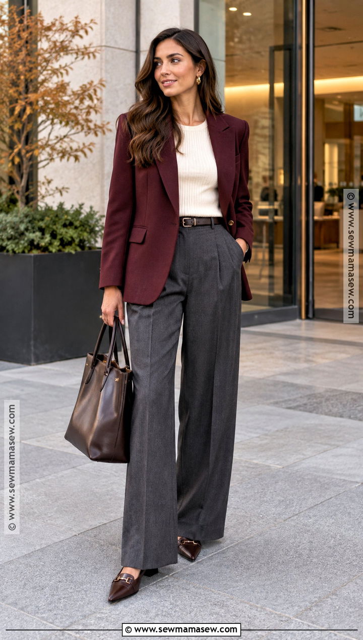 Autumn Workwear With A Burgundy Blazer And Wide Leg Trousers - 15 Autumn Workwear Inspiration Ideas