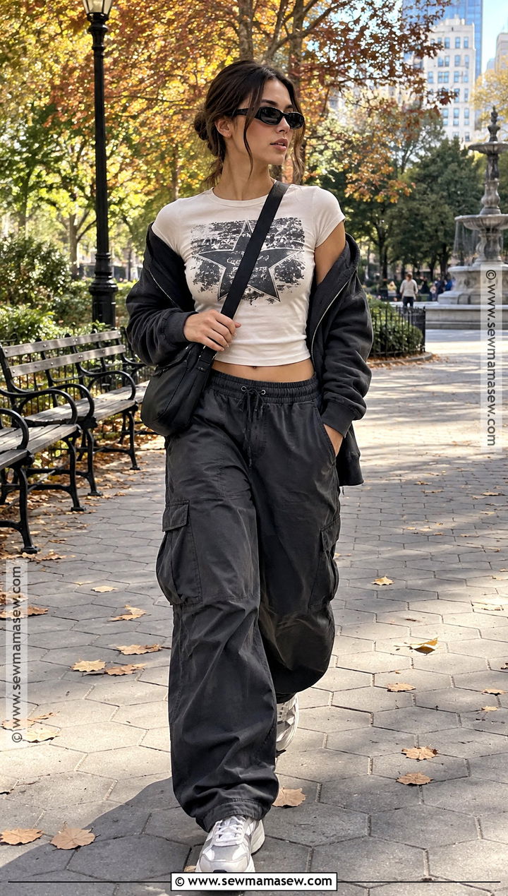 Autumn Y2K Graphic Tee And Parachute Pants Outfit - 20 Autumn Y2K Outfits