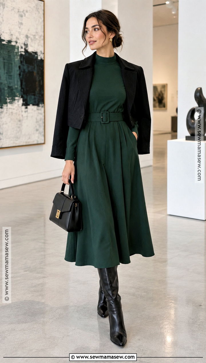 Aventurine Green Dress And Black Boots Outfit - 15 fashion colors fall winter ideas 2026