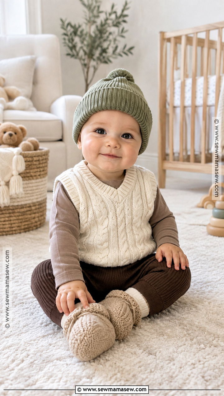 Baby Boy Cream Knit Vest With Ribbed Leggings - 15 Baby Boy Fall Vest Outfit Ideas