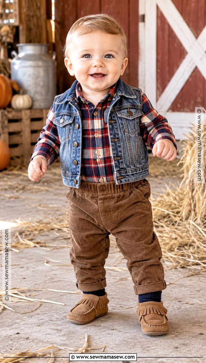 Baby Boy Denim Vest With Flannel Shirt - 15 Baby Boy Fall Vest Outfit Ideas