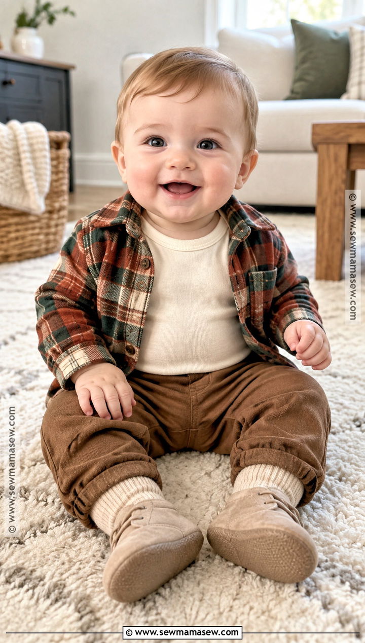 Baby Boy Fall Outfit With Flannel Shirt And Brown Pants - 15 baby boy fall outfits 3-6 months