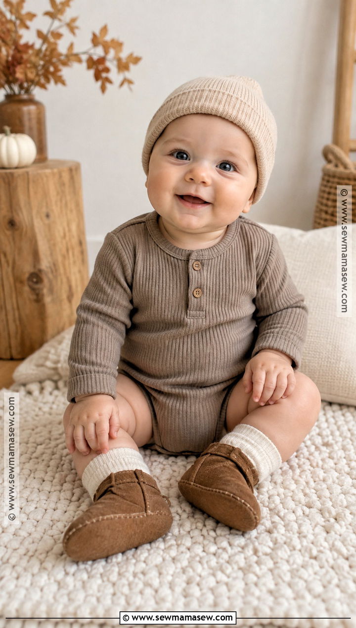 Baby Boy Fall Outfit With Neutral Romper And Beanie - 15 Baby Boy Fall Outfits 6 Months