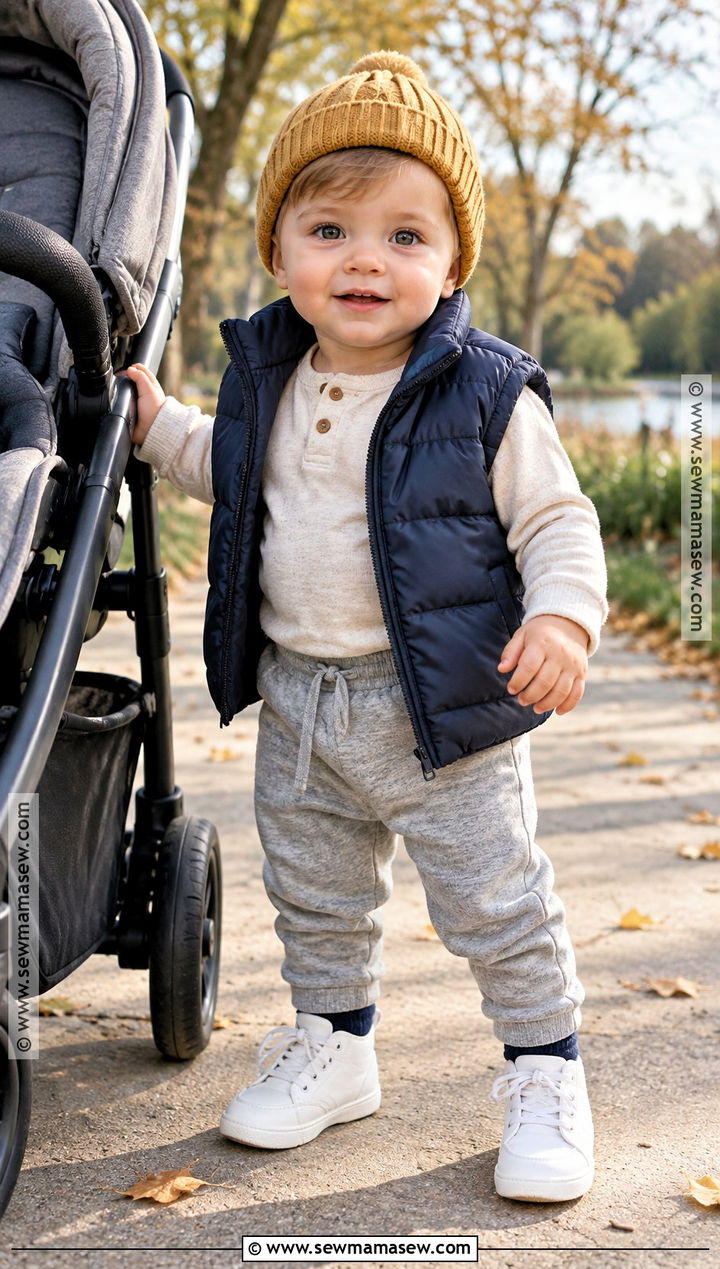 Baby Boy Puffer Vest With Henley and Joggers - 15 Baby Boy Fall Vest Outfit Ideas