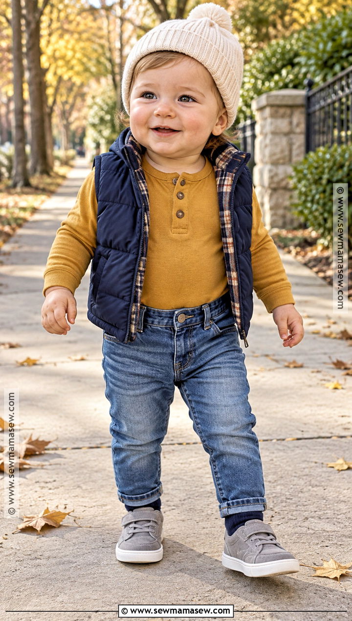 Baby Boy Reversible Vest With Jeans and Sneakers - 15 Baby Boy Fall Vest Outfit Ideas