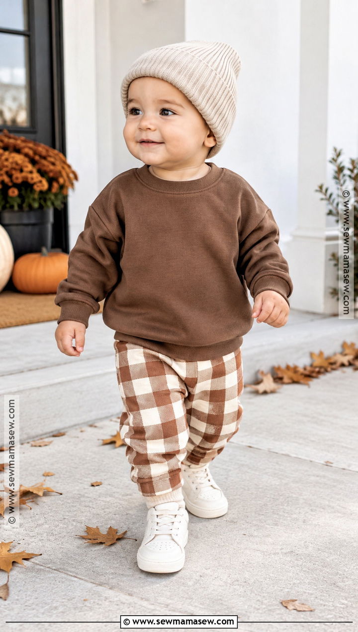 Baby Brown Sweatshirt With Checkered Pants - 20 baby autumn outfits