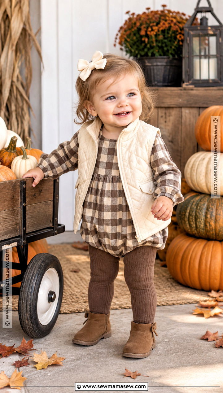 Baby Girl Buffalo Plaid Romper With Vest - 20 Baby Girl Pumpkin Patch Outfit Ideas
