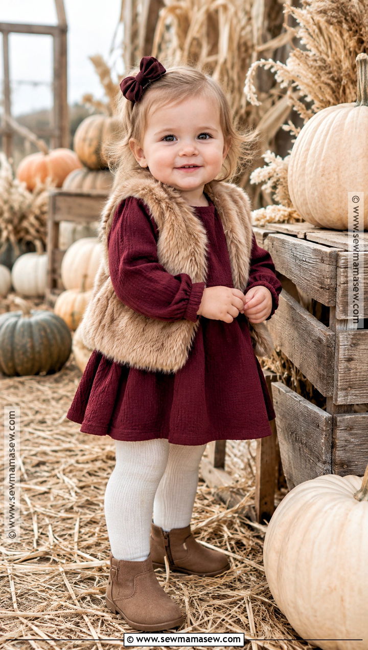 Baby Girl Burgundy Dress With Faux Fur Vest - 20 Baby Girl Pumpkin Patch Outfit Ideas