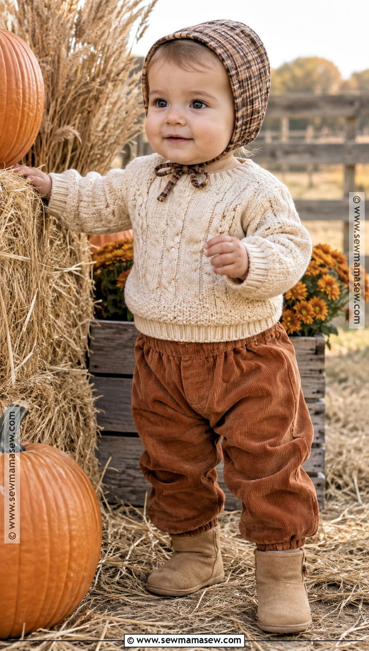 Baby Girl Cable Knit Sweater With Corduroy Pants - 20 Baby Girl Pumpkin Patch Outfit Ideas