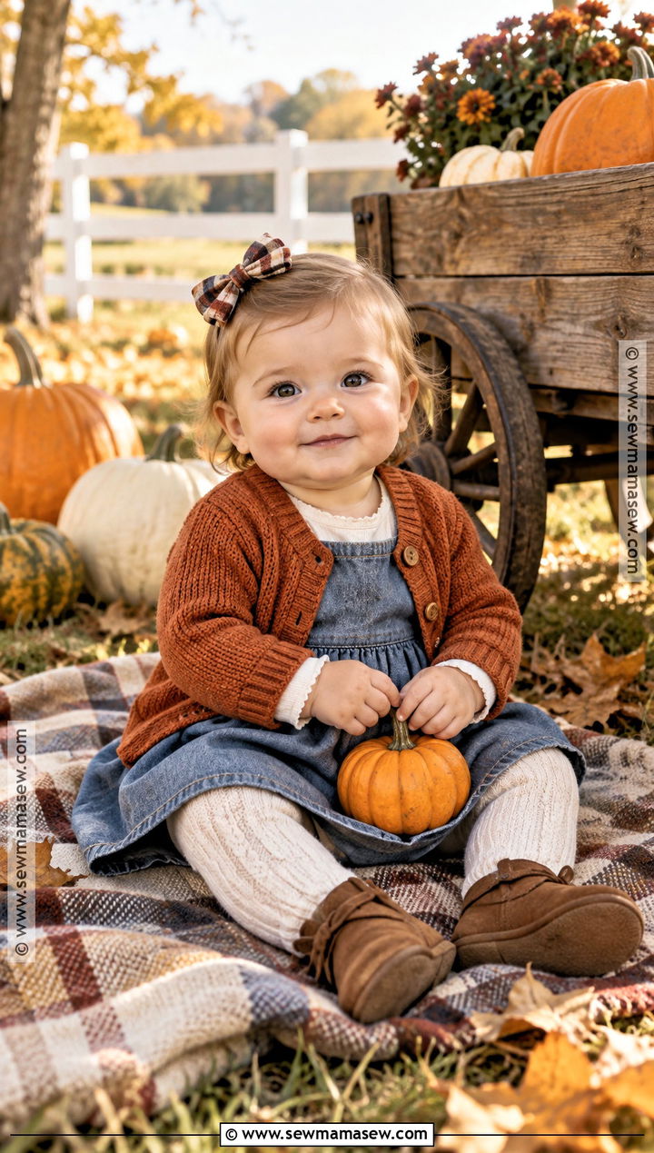 Baby Girl Chambray Dress With Rust Cardigan - 20 Baby Girl Pumpkin Patch Outfit Ideas