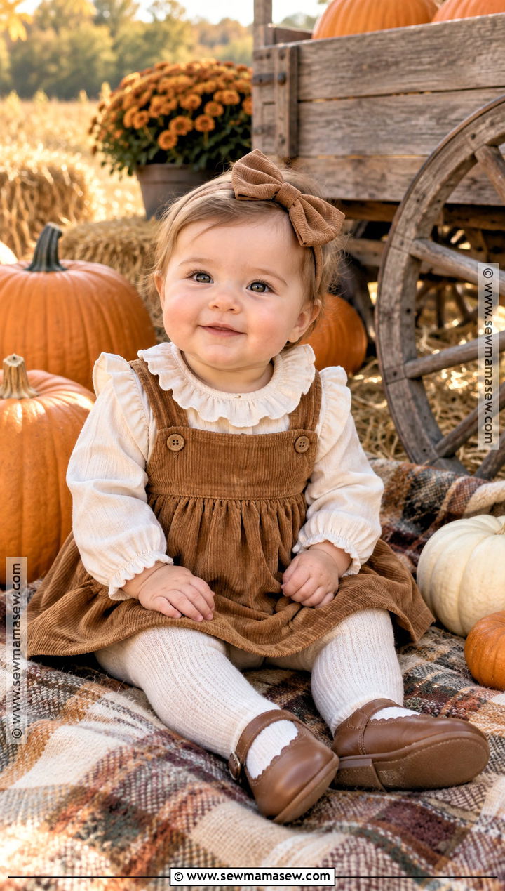 Baby Girl Corduroy Pinafore With Cream Blouse - 20 Baby Girl Pumpkin Patch Outfit Ideas