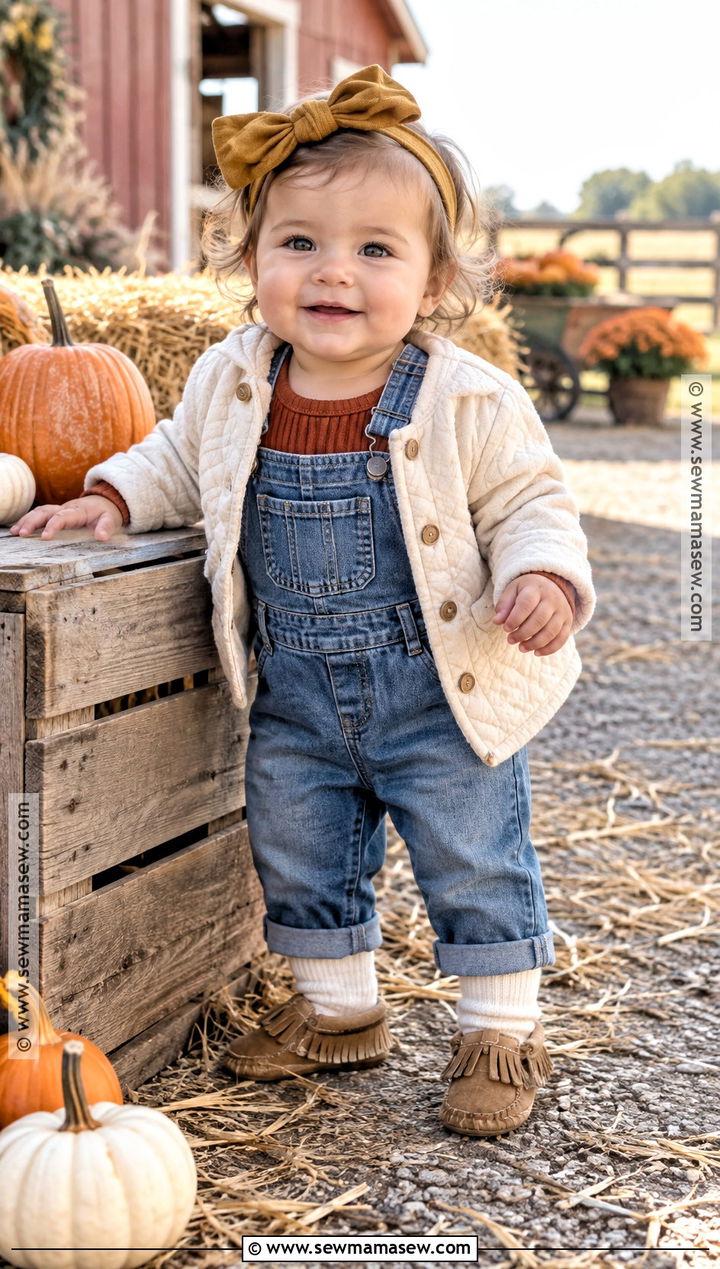 Baby Girl Denim Overalls With Rust Bodysuit - 20 Baby Girl Pumpkin Patch Outfit Ideas