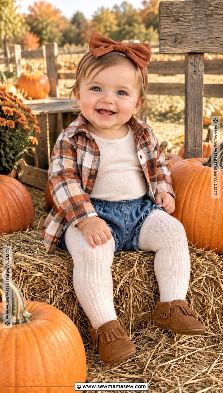 Baby Girl Flannel Shirt With Denim Bloomers - 20 Baby Girl Pumpkin Patch Outfit Ideas