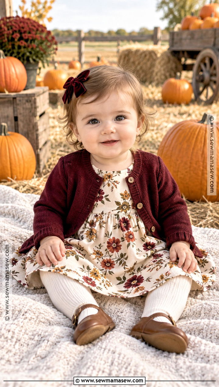 Baby Girl Floral Dress With Cardigan And Mary Janes - 20 Baby Girl Pumpkin Patch Outfit Ideas