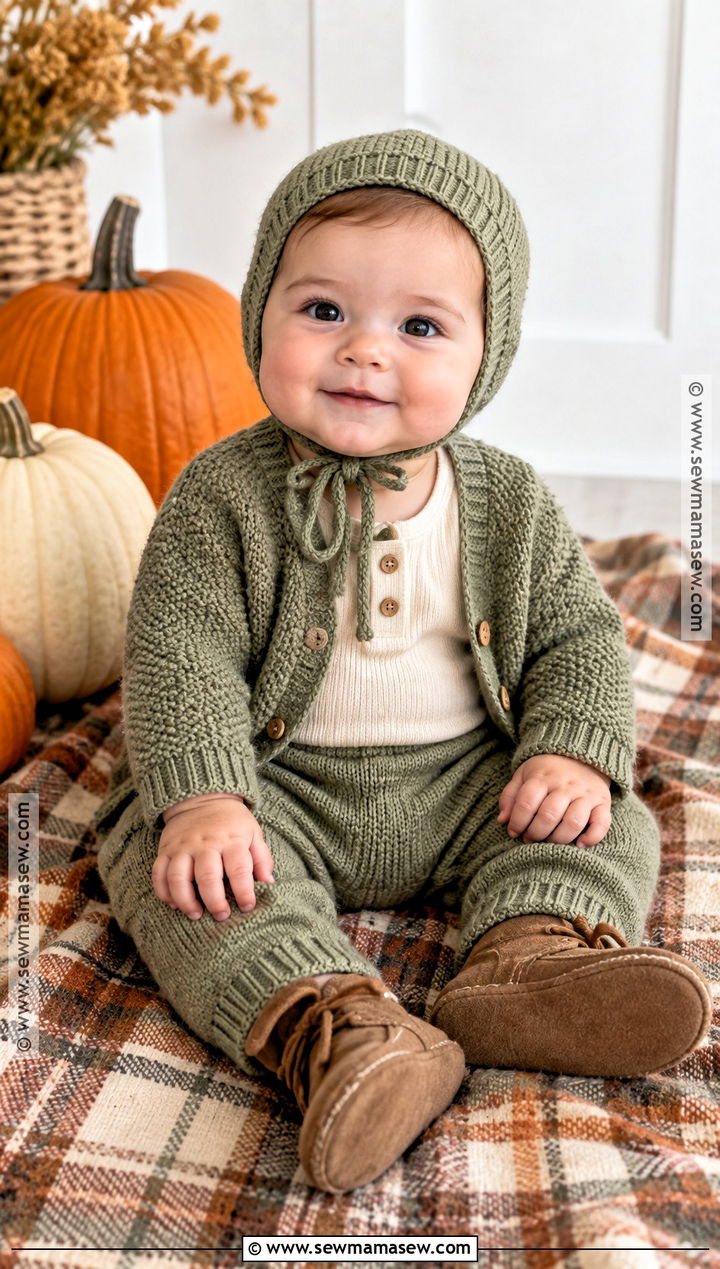 Baby Girl Matching Knit Set With Bonnet - 20 Baby Girl Pumpkin Patch Outfit Ideas
