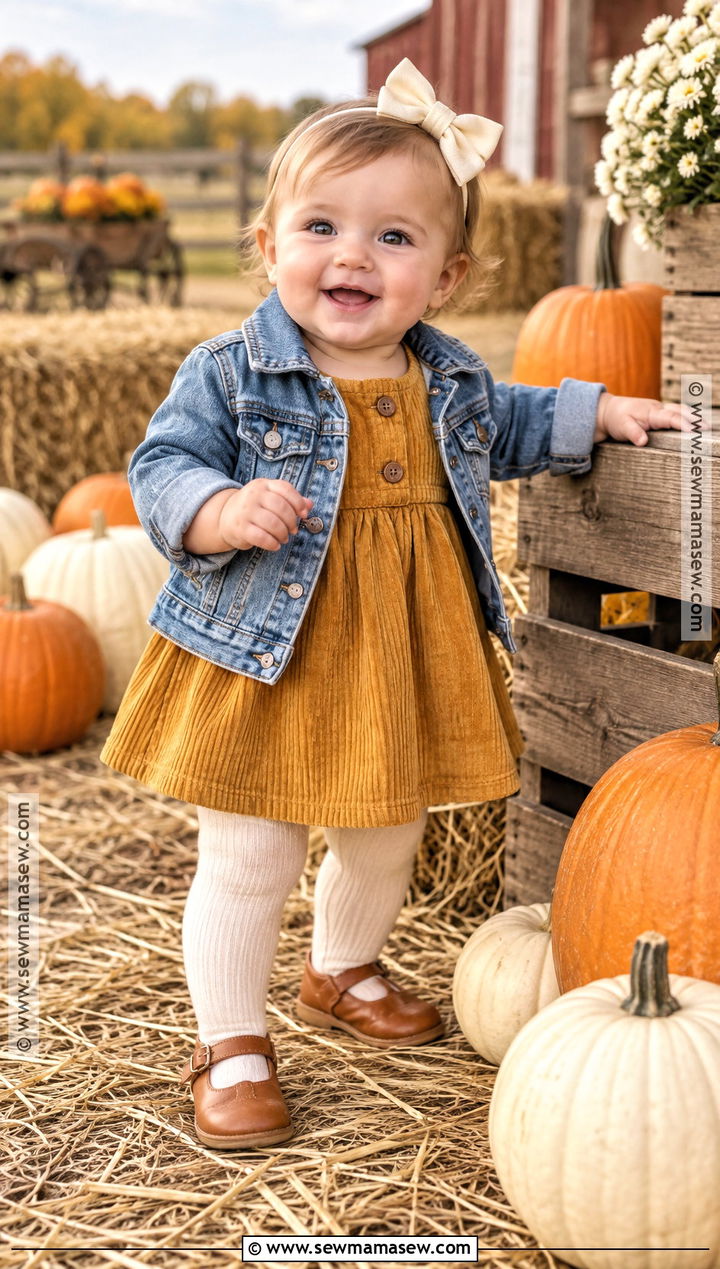 Baby Girl Mustard Dress With Denim Jacket - 20 Baby Girl Pumpkin Patch Outfit Ideas