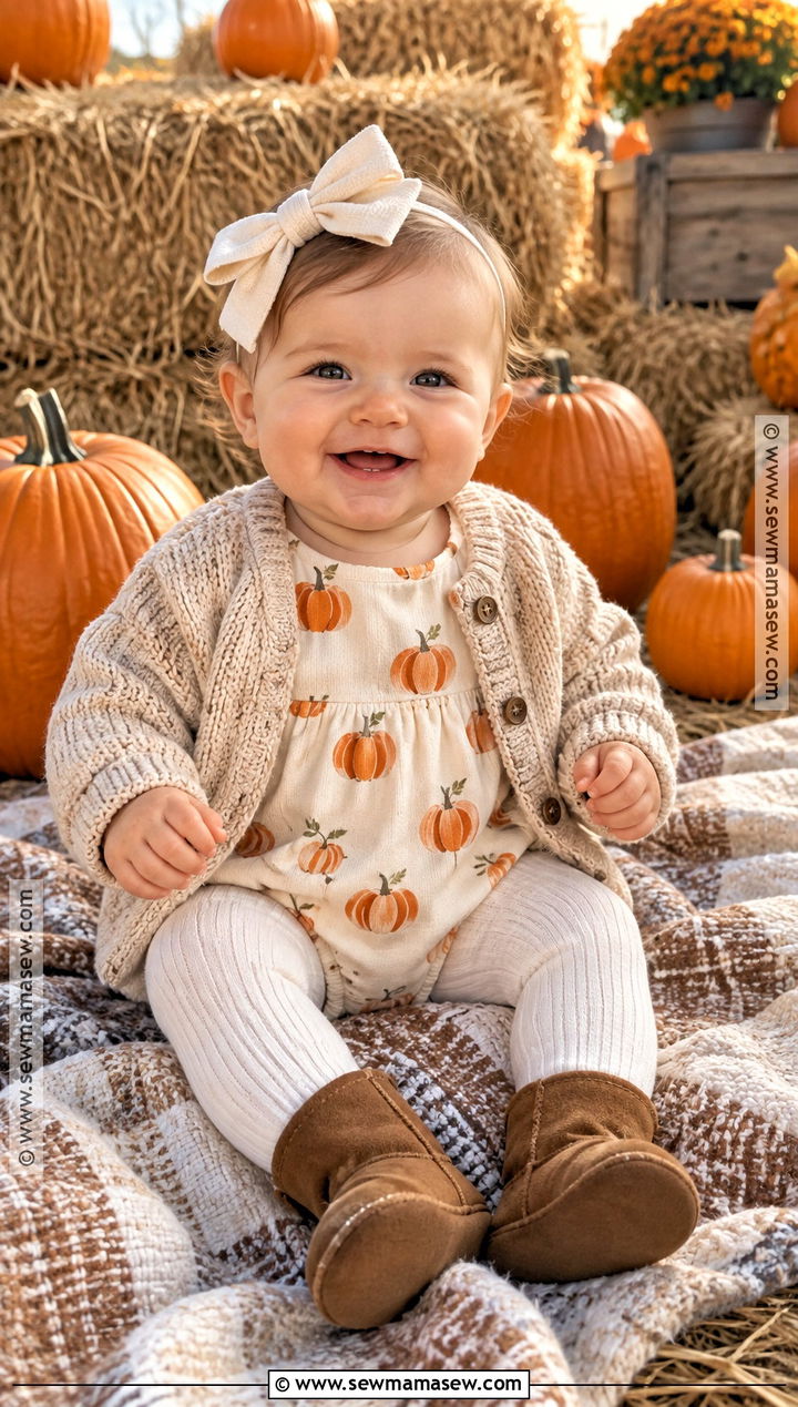 Baby Girl Pumpkin Romper With Knit Cardigan - 20 Baby Girl Pumpkin Patch Outfit Ideas