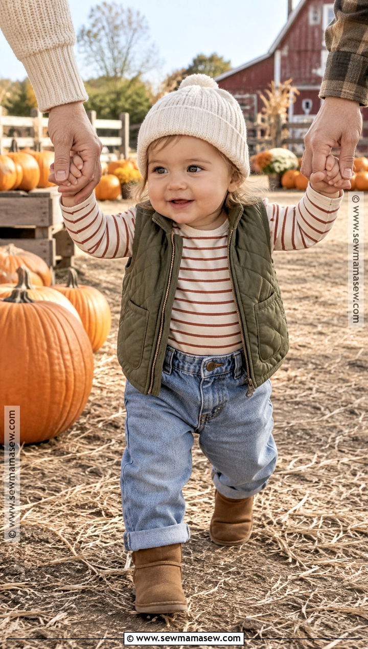 Baby Girl Quilted Vest With Striped Bodysuit - 20 Baby Girl Pumpkin Patch Outfit Ideas