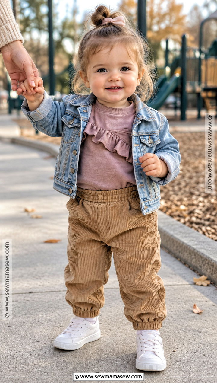Baby Girl Ruffle Sweatshirt And Corduroy Pants Outfit - 15 baby girl fall fashion ideas