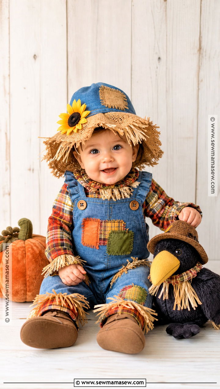 Baby Girl Scarecrow Costume With Patchwork Overalls - 35 baby costumes for girls